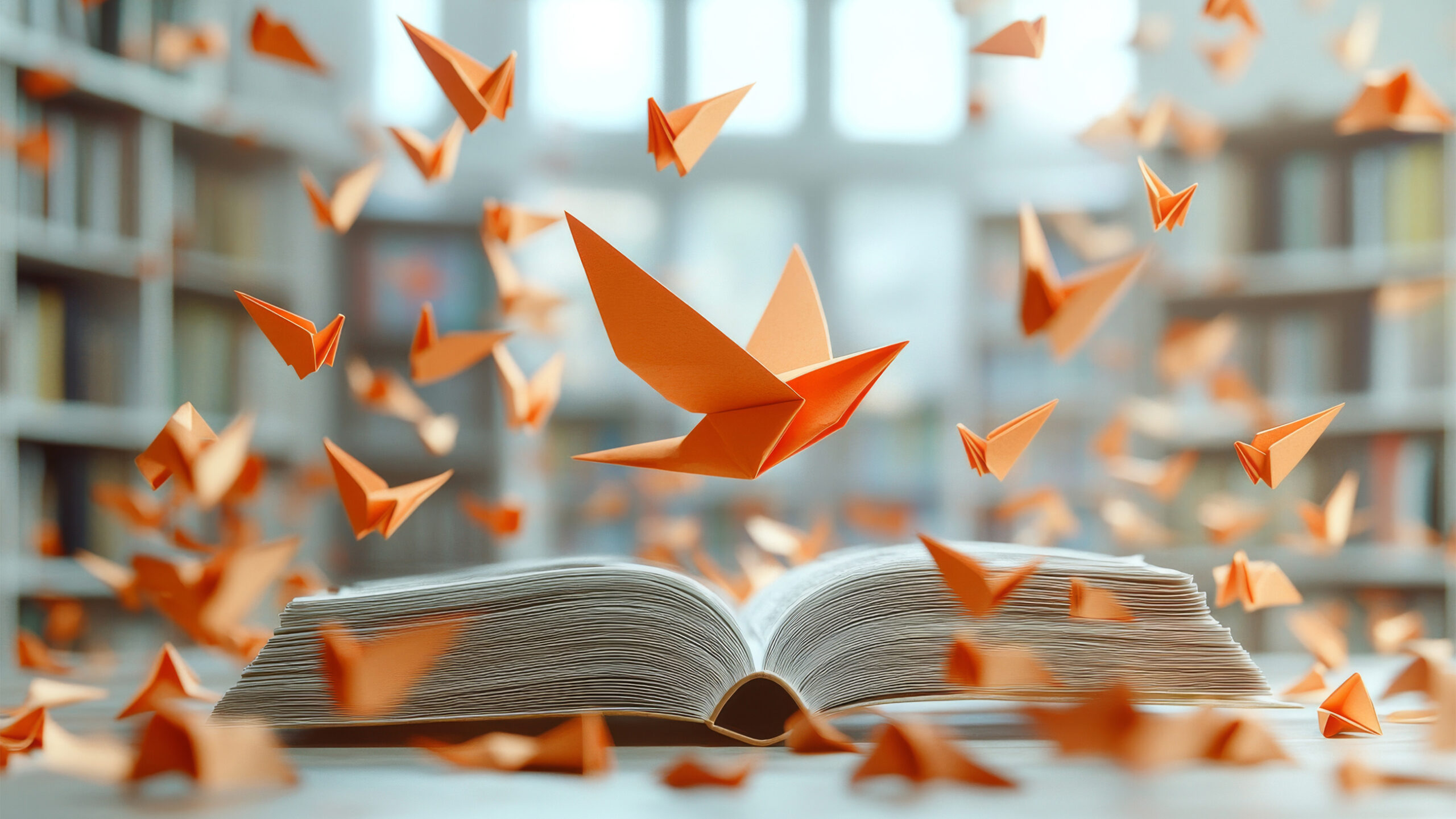 An open book on a table with numerous orange origami birds flying out of it, blurred bookshelves and window in the background, creating a whimsical and imaginative scene.