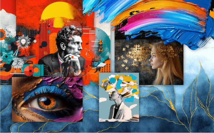 A collage of vibrant artwork featuring a black-and-white portrait of a man, a profile of a woman with puzzle pieces, a womans eye surrounded by colorful textures, and a person with abstract shapes on their head, all set against a blue abstract background.