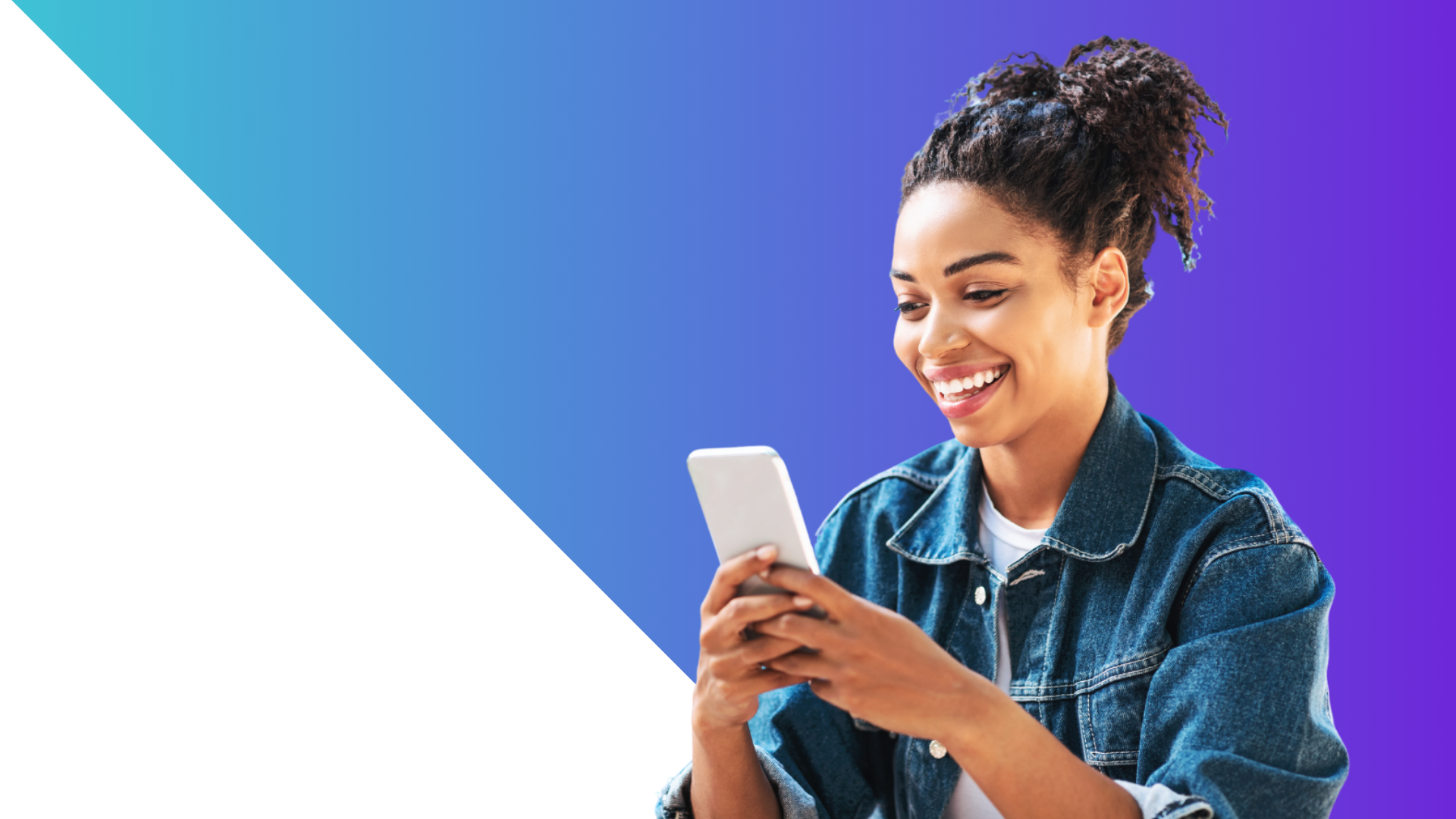 A smiling woman with curly hair in a denim jacket looks at her smartphone. The background is a gradient of blue and purple with a white triangular section on the left.