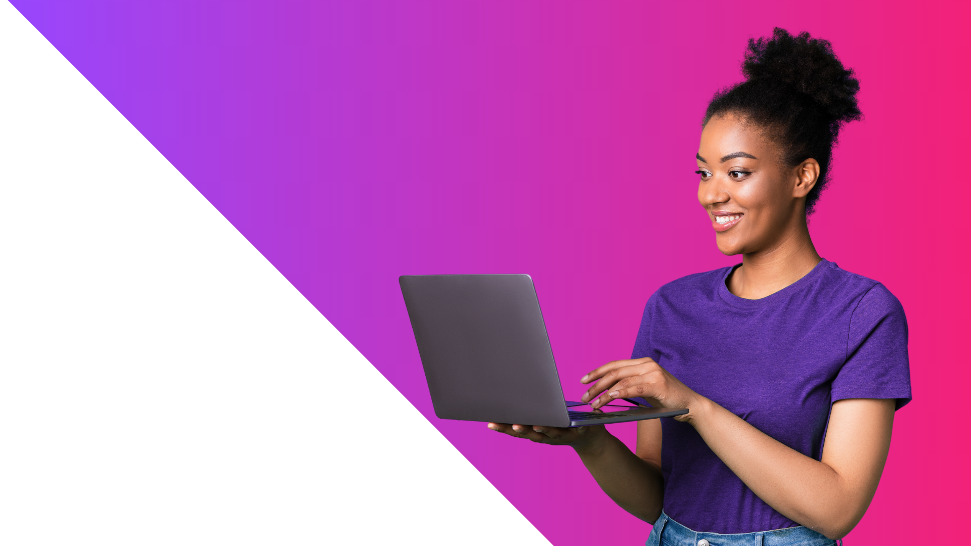 A smiling woman in a purple t-shirt holds and uses a laptop against a vibrant pink and purple gradient background with a white diagonal section.