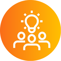 White icon of three people and a lightbulb above their heads, symbolizing teamwork and shared ideas, on an orange circular background.