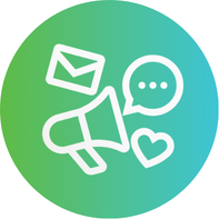 White line icons of a megaphone, envelope, speech bubble, and heart on a green and blue gradient circle background, representing communication or social media.