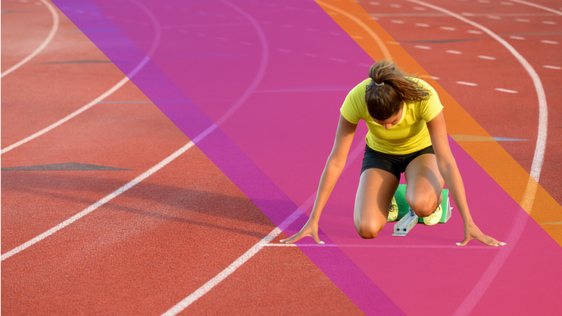 A female athlete in a yellow shirt and green shoes is kneeling at the starting line on a track, preparing to race. The track has pink and orange digital overlays highlighting certain lanes.