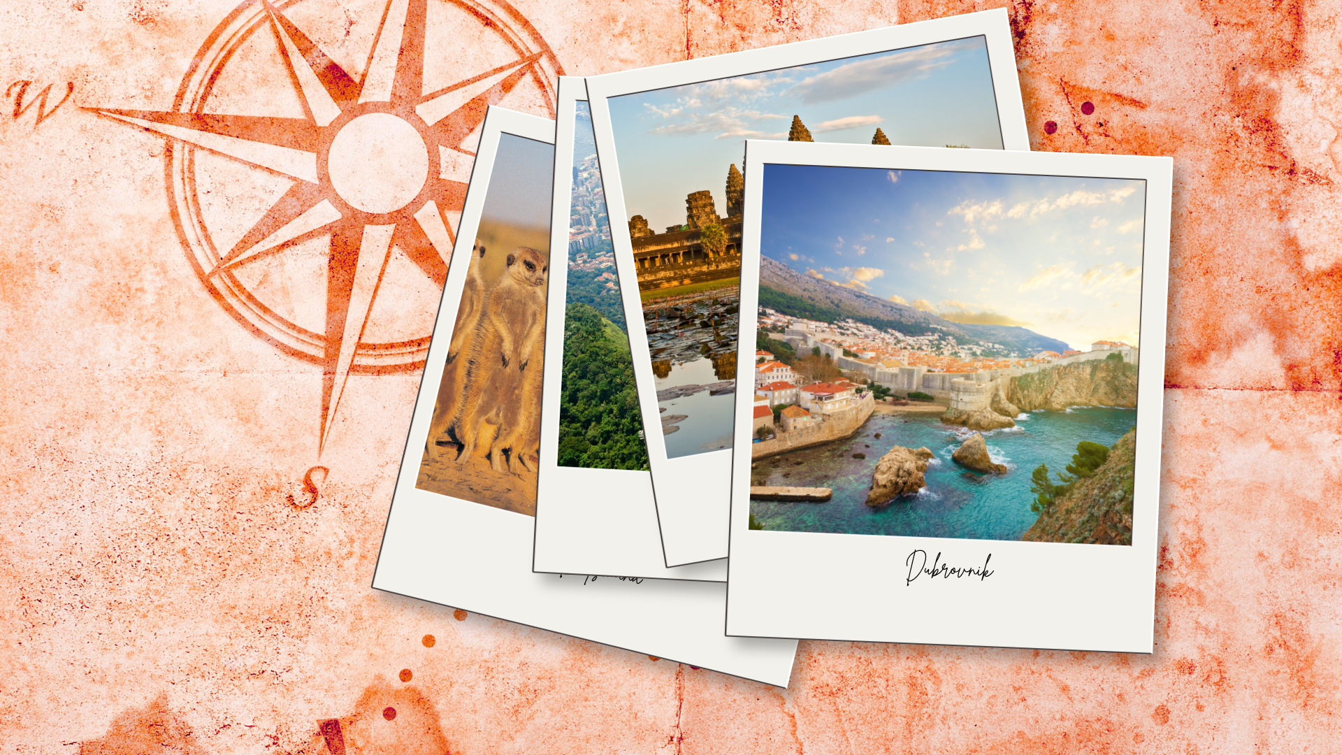 Three travel polaroids featuring famous landmarks overlap on an old, orange world map background with a compass rose. The photos show ancient temples, carved statues, and a coastal European city.