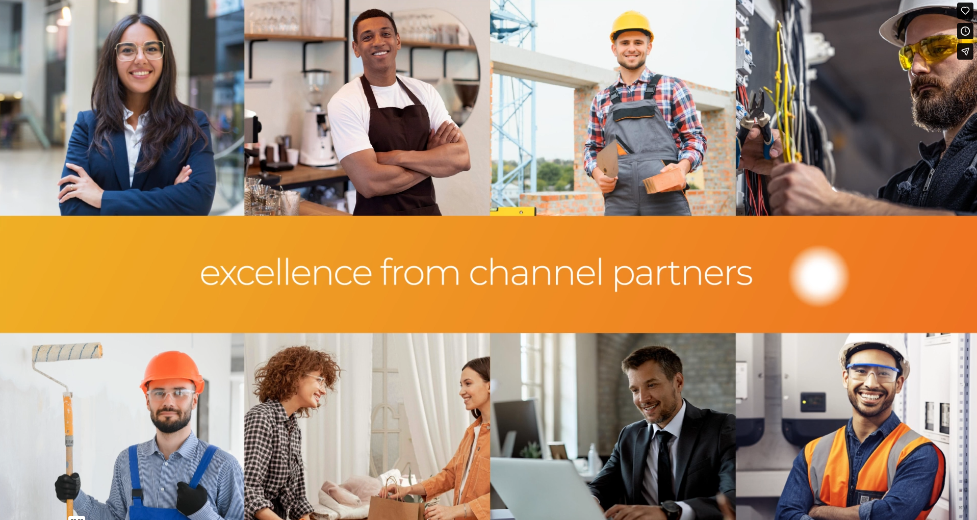 A collage of diverse professionals, including office workers, construction workers, and service staff, surrounds the text excellence from channel partners on an orange background.