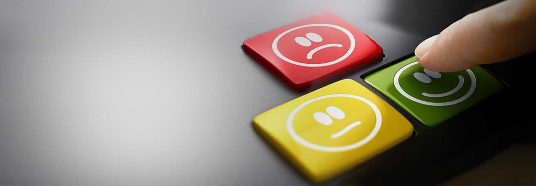 A finger presses a green button with a smiling face, next to a yellow neutral face button and a red sad face button, representing a customer satisfaction feedback system.