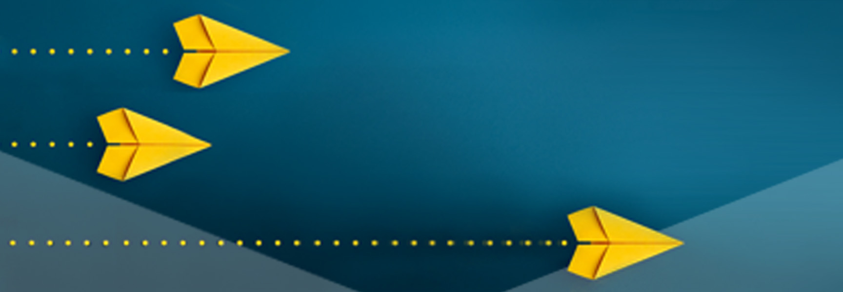 Three yellow paper airplanes fly to the right on a blue and gray background, leaving dotted yellow trails behind them. Two planes are close together at the top left, while one is farther ahead at the bottom right.