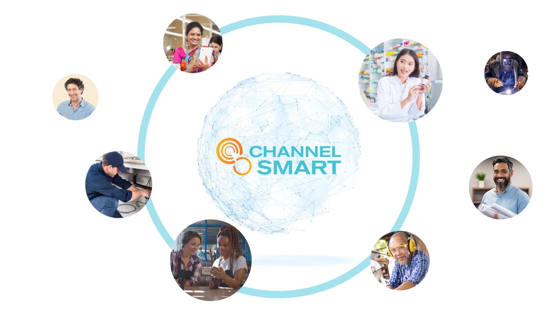 A globe with the Channel Smart logo at the center is surrounded by photos of diverse people working in various professions, all connected by a circular blue line.