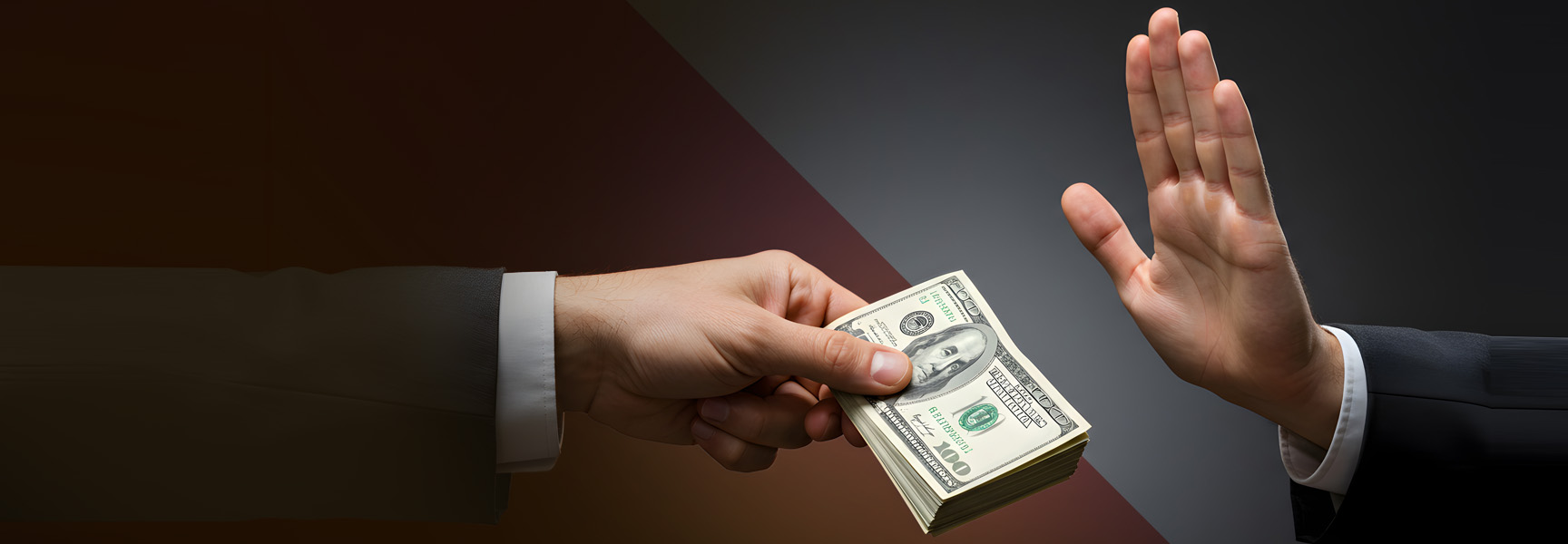 A person in a suit offers a stack of U.S. $100 bills, while another person in a suit raises their hand, palm out, signaling refusal against a dark background.