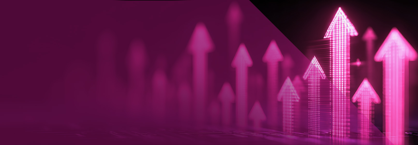 A digital graphic with several upward-pointing arrows in various sizes, all glowing in shades of pink and purple, symbolizing growth or progress against a dark background.
