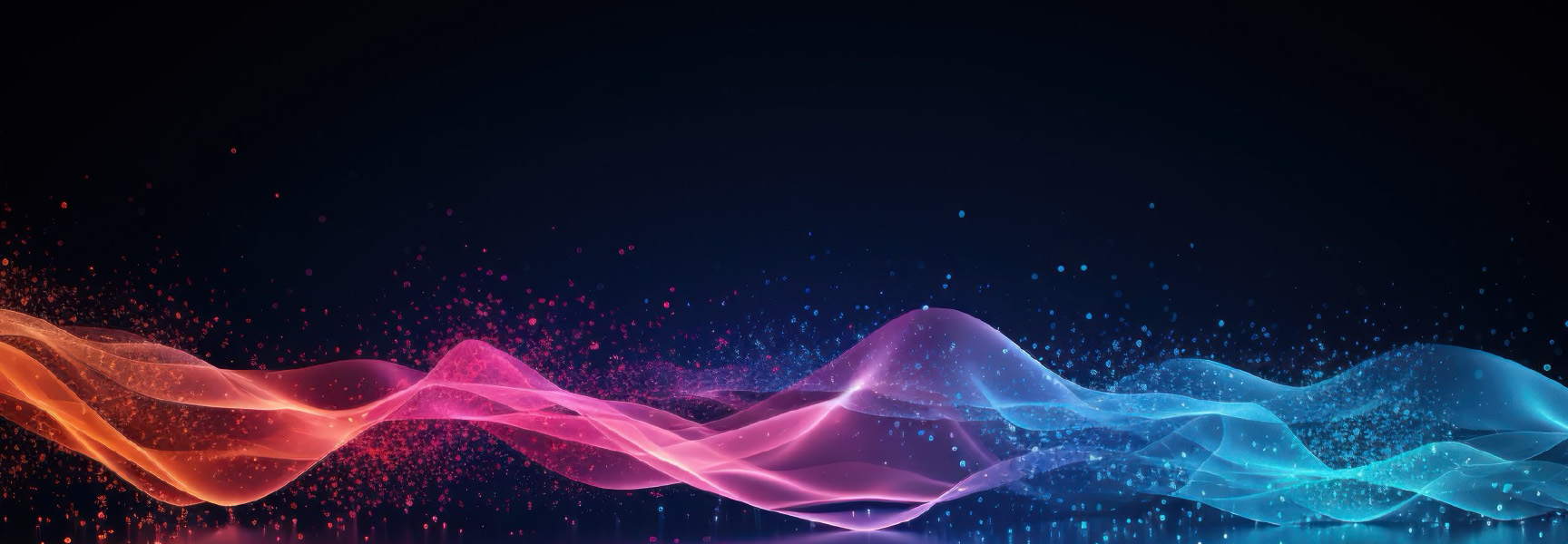 Colorful abstract waves in shades of orange, pink, and blue flow across a dark background, with glowing particles scattered throughout for a vibrant, dynamic effect.