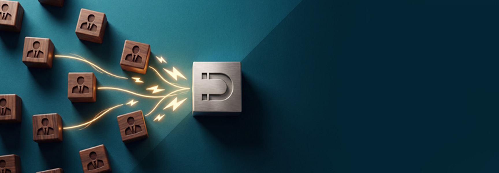 A metallic magnet icon attracts several wooden blocks, each with a person symbol, on a blue background. Yellow lines represent the magnetic pull drawing the blocks toward the magnet.