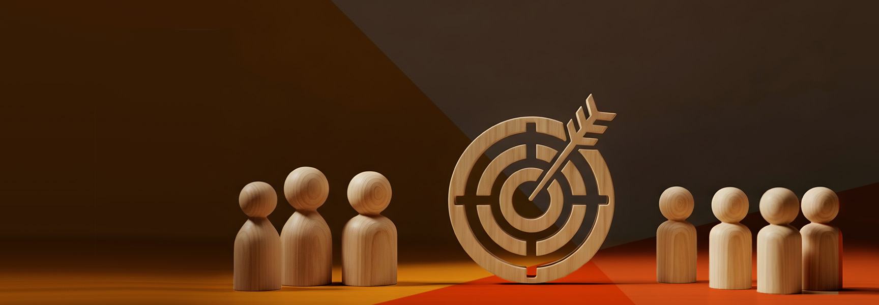 Wooden figurines stand in two groups on either side of a large wooden target with an arrow in the bullseye, set against a dark, abstract background.