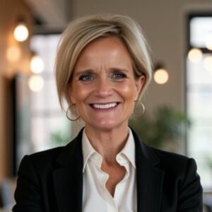 A smiling woman with short blonde hair wearing a black blazer and white shirt stands indoors with blurred lights and windows in the background.