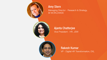 Image showing three circular portraits with names and job titles: Amy Stern, Managing Director - Research & Strategy, BI WORLDWIDE; Ajanta Chatterjee, Vice President - HR, JSW; Rakesh Kumar, VP - Digital HR Transformation, EXL, on an orange background.