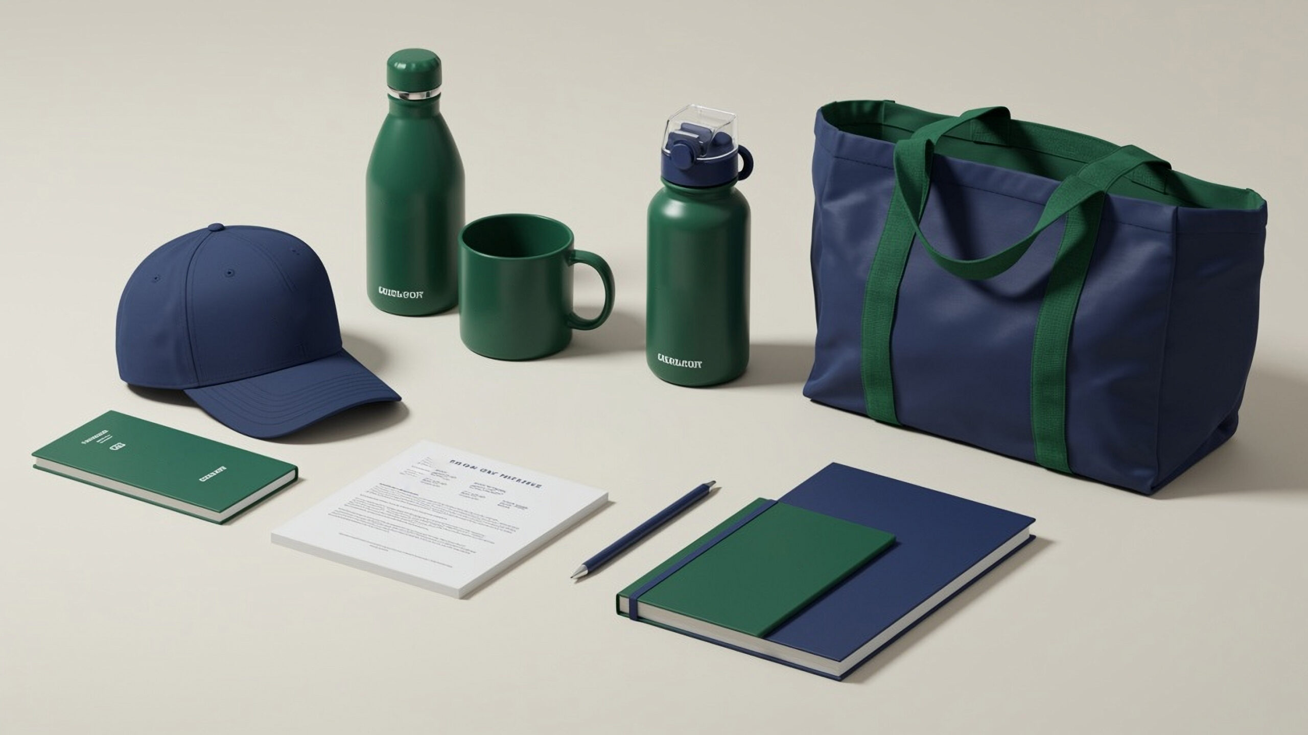 A neatly arranged collection of branded merchandise on a beige surface: blue and green tote bag, cap, notebooks, pen, document, green mug, and two green water bottles. Items feature a consistent color scheme of blue and green.