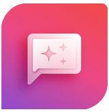 A pink chat bubble icon with three sparkles inside, set against a pink and purple gradient rounded square background.