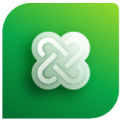A white, interwoven knot-like symbol is centered on a green background with rounded corners and a yellow gradient in the upper right corner.