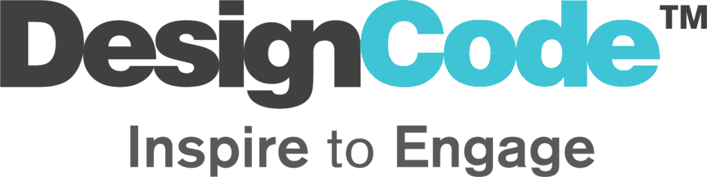 Logo with the words DesignCode—“Design” in black and “Code” in light blue—above the tagline Inspire to Engage in gray.