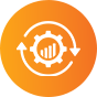 White gear with a bar chart inside, surrounded by two circular arrows, on an orange gradient background. Symbolizes process automation, analytics, or continuous improvement.