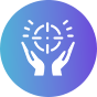 White icon of two hands holding a target symbol with radiating lines, on a blue to purple gradient circular background.