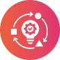 White icons of a lightbulb with a gear and check mark inside, surrounded by arrows, a circle, a square, and a triangle, on a pink-orange circular gradient background. Represents innovation or process improvement.
