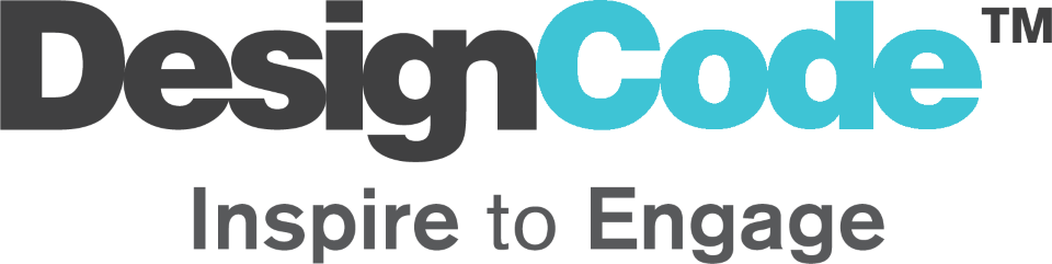 Logo with the words DesignCode in bold, with Design in black and Code in light blue, above the slogan Inspire to Engage in gray text.