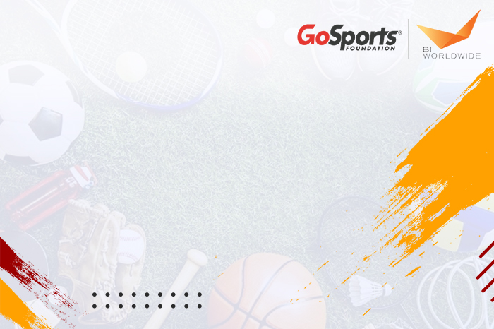 Background image of various sports equipment including a soccer ball, tennis racket, baseball glove, and basketball, with “GoSports Foundation” and “BI Worldwide” logos at the top right and colorful brush strokes on the borders.