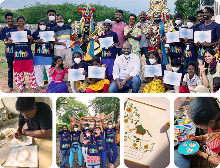 A group of people, some in colorful costumes and others holding certificates, pose outdoors. Below, photos show art activities, joyful group gestures, and close-ups of painted artwork and cards.