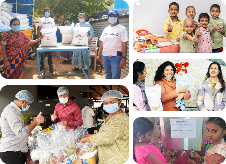 A collage shows people distributing food bags, preparing meal kits, children posing and smiling, women with a baby, and kids washing hands at a sink, all involved in community aid activities.