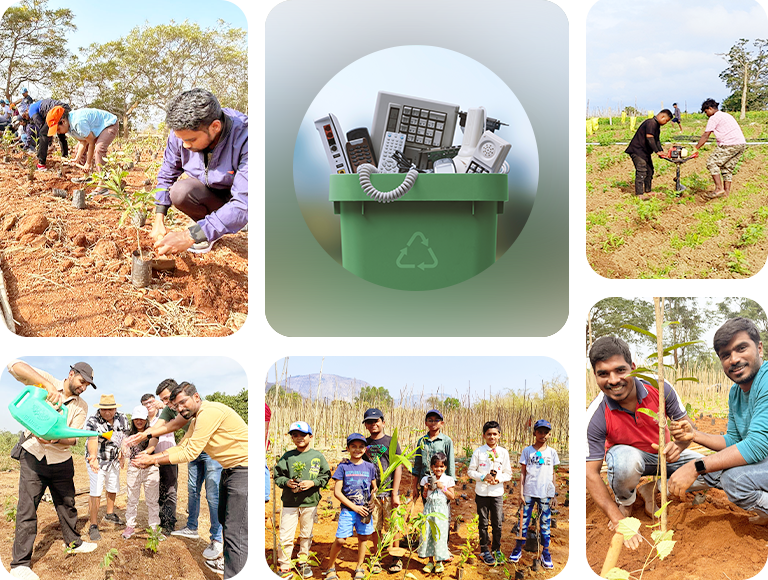A collage shows people planting trees in a field, adults and children working together, and a central image of a green recycling bin filled with electronic waste items such as cables and a keyboard.