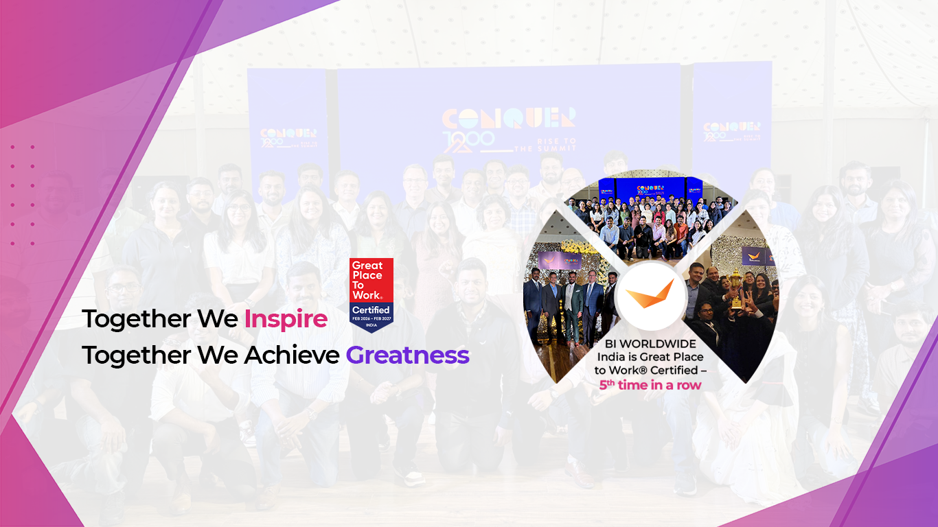 A group photo of smiling people with the text: “Together We Inspire, Together We Achieve Greatness.” A badge reads “Great Place to Work Certified.” Insets highlight BI WORLDWIDE India’s support for GoSports Foundation’s flagship programs.