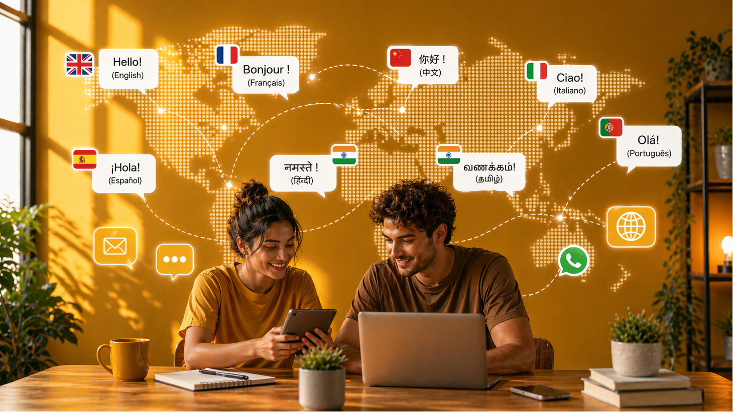 Two people sit at a table using a tablet and laptop, smiling. Behind them is a world map with speech bubbles showing greetings in multiple languages and icons for email, phone, and messaging.