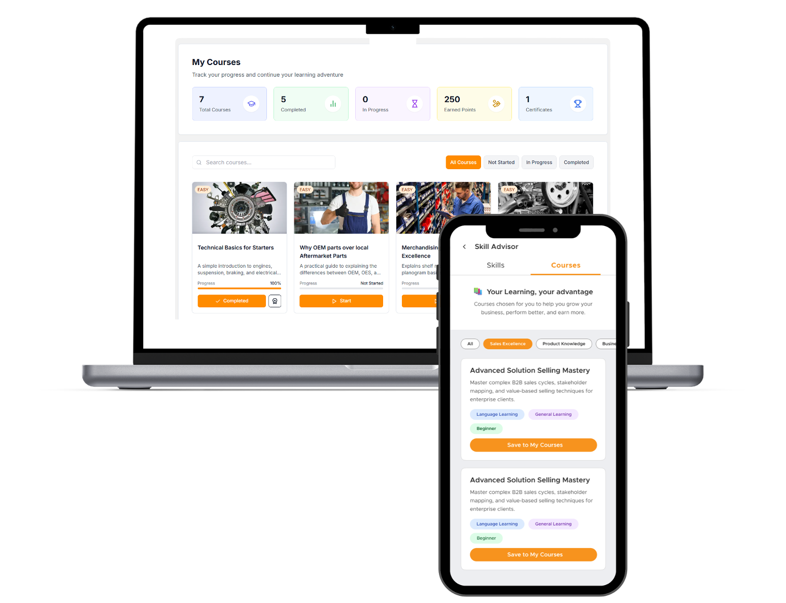 A laptop and a smartphone display an online learning platform with course progress stats, course thumbnails, and skill advisor recommendations on their screens.