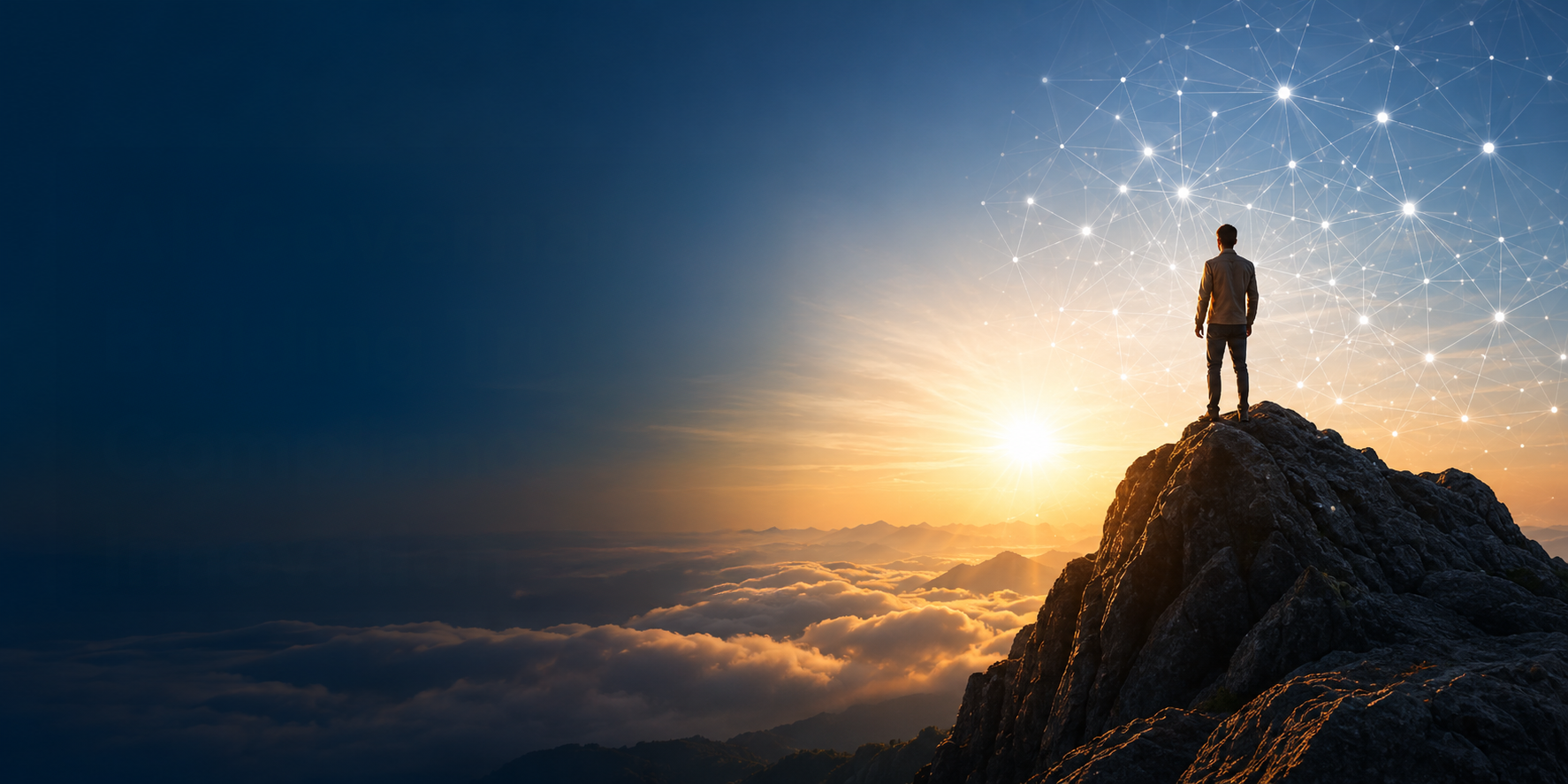 A person stands on a mountain peak at sunrise, overlooking clouds and distant mountains. The sky is blue, and a network of connected glowing dots appears above, symbolizing technology and connection.