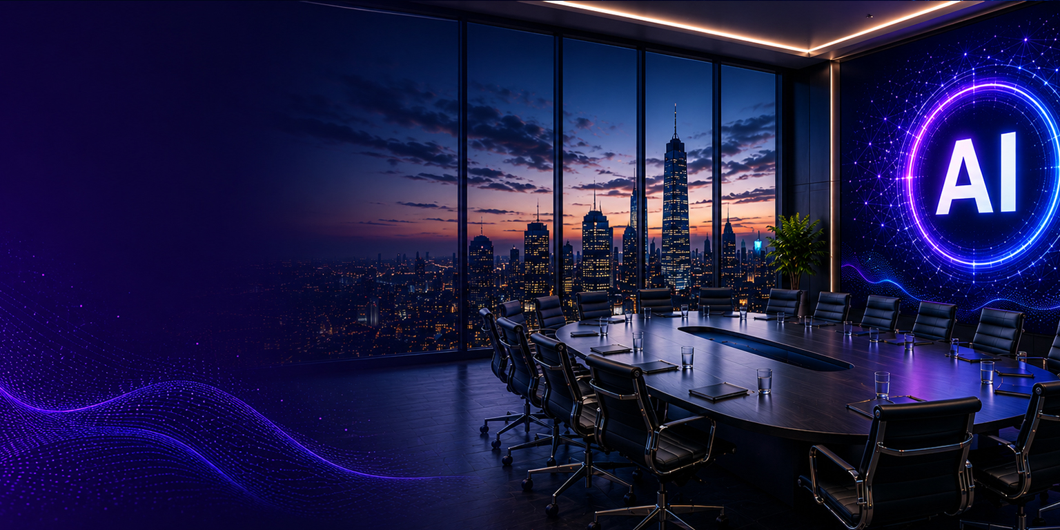 A modern boardroom with empty chairs overlooks a city skyline at sunset. A large digital display shows “AI” in neon blue on the wall, with abstract tech graphics surrounding it.