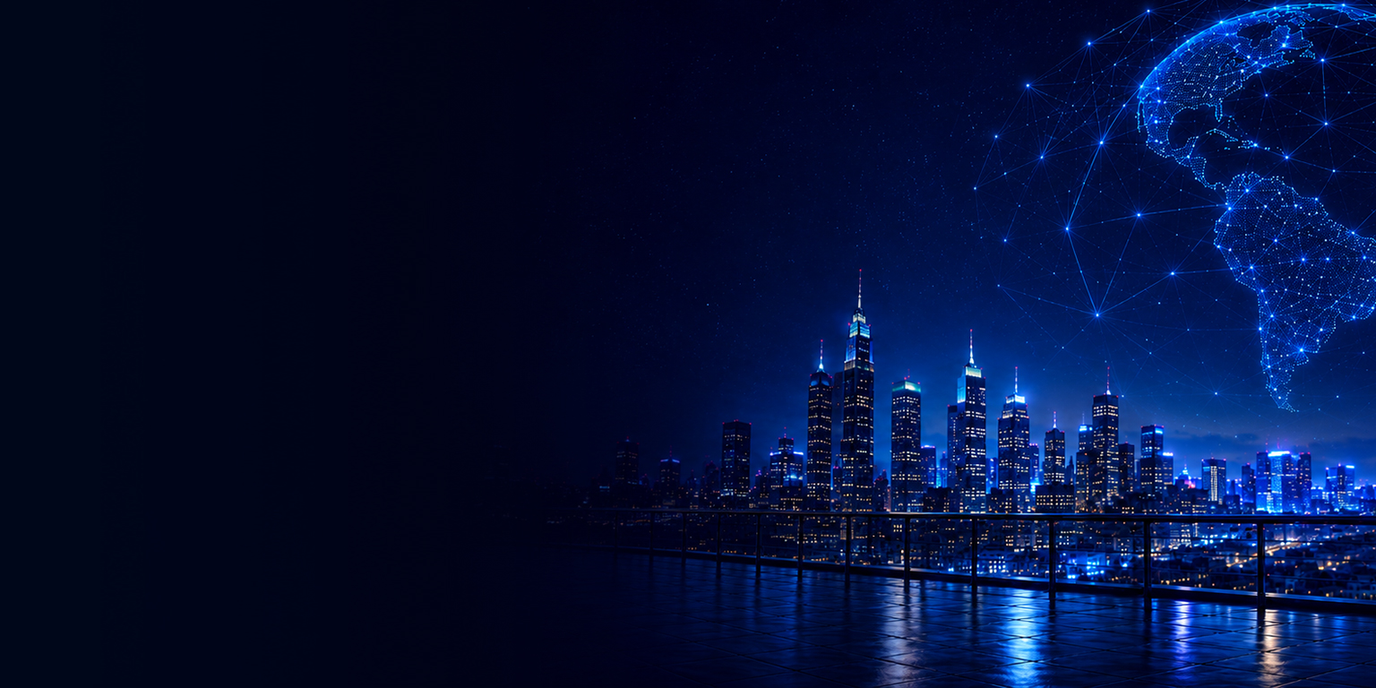 Nighttime city skyline with illuminated skyscrapers, viewed from a reflective rooftop. In the upper right, a glowing digital globe with network lines and nodes hovers in the sky, symbolizing global connectivity and technology.