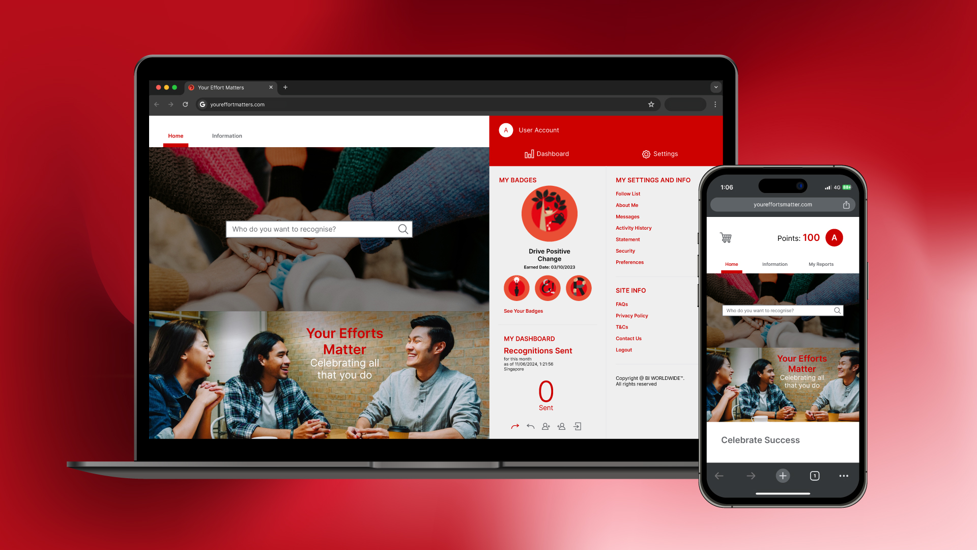 A laptop and smartphone display the same employee recognition platform home screen, featuring a search bar, dashboard, navigation menu, points balance, and images of diverse people interacting, set against a red gradient background.