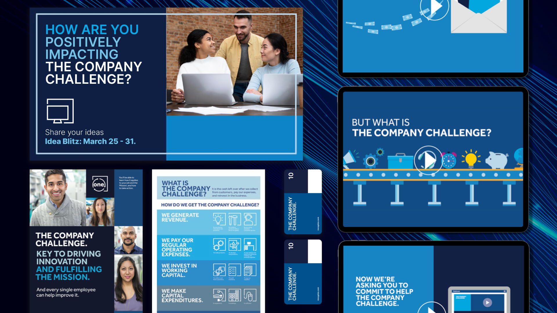 A digital presentation slide with blue backgrounds and white text, showing people collaborating with laptops, diagrams, icons, and information about a company challenge focused on innovation, investments, and cost management.