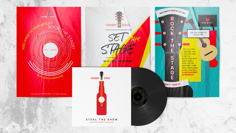 A set of four vibrant music-themed posters and a vinyl record. The posters feature guitars, a bottle, and bold text promoting events like Rock the Stage and Set the Stage on colorful backgrounds.