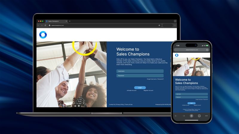 A laptop and smartphone display a website login page titled Welcome to Sales Champions, featuring a photo of a diverse group of people raising their hands together in celebration.