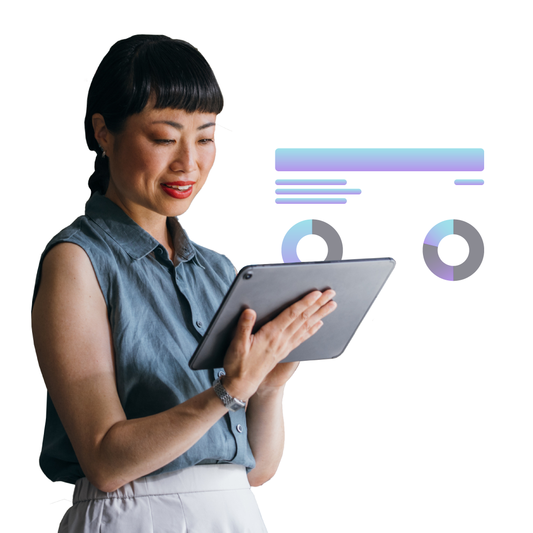 A woman holding a tablet looks at the screen, with a graphical data dashboard featuring charts and graphs displayed beside her.