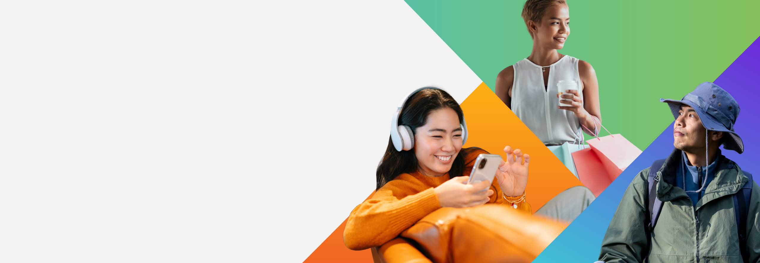 Three women on colorful backgrounds: one smiling with headphones using a phone, one holding shopping bags and a drink, and one in outdoor gear with a hat, looking to the side. Left side of image has white space.