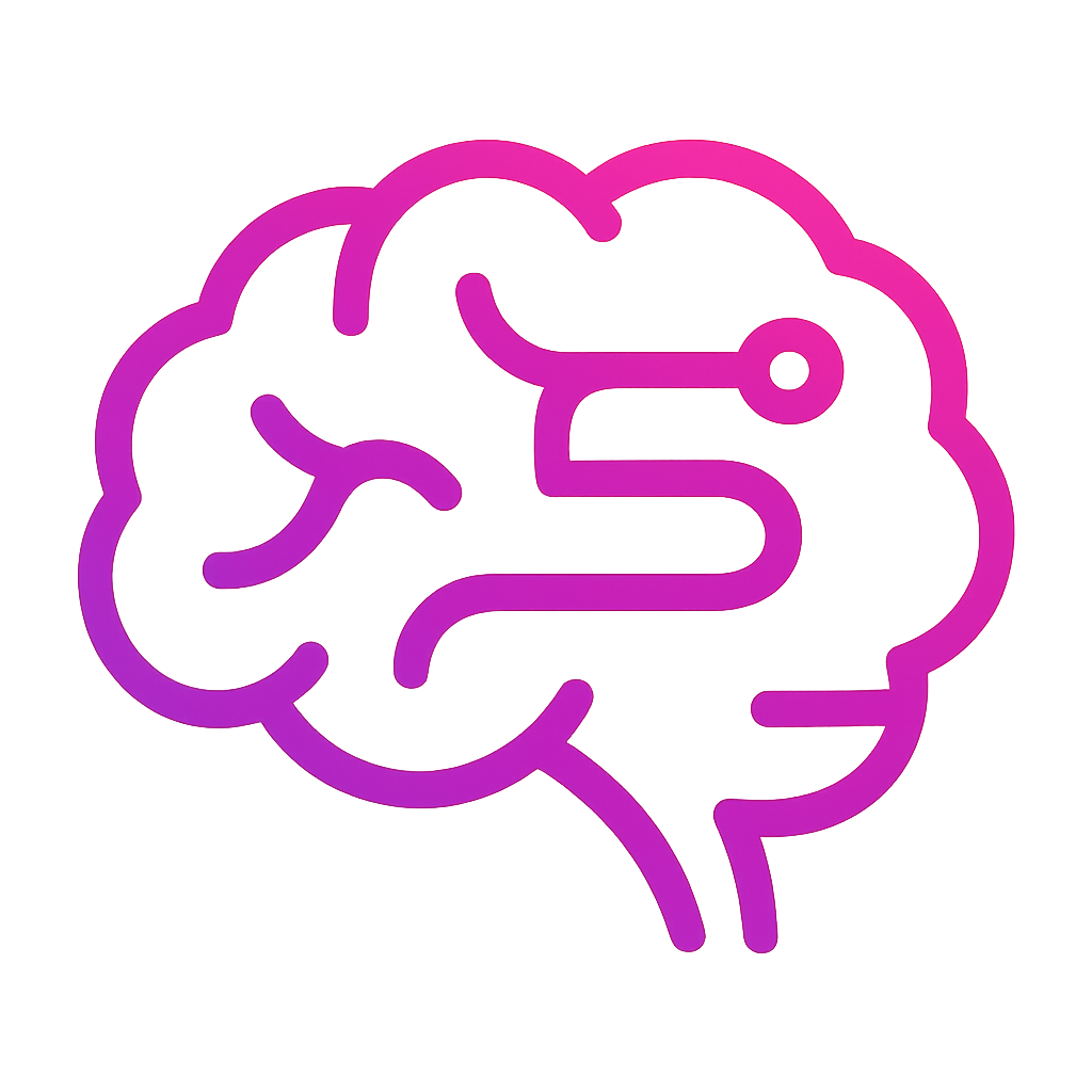 A glowing, stylized outline of a human brain in pink and purple hues appears against a dark, blurred background, creating a neon effect.