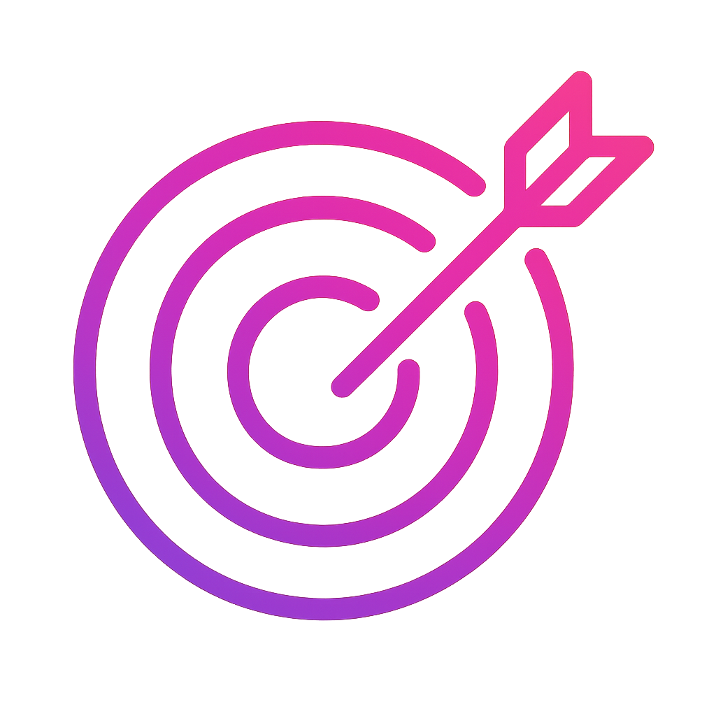 A glowing neon pink and purple target with an arrow in the bullseye, set against a dark gradient background.
