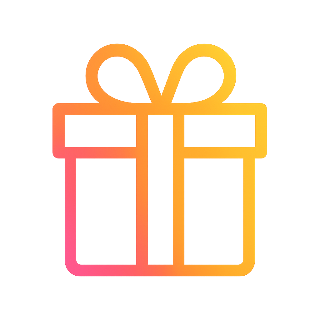 A simple outline of a gift box with a bow, glowing in bright yellow and pink neon colors against a dark background.