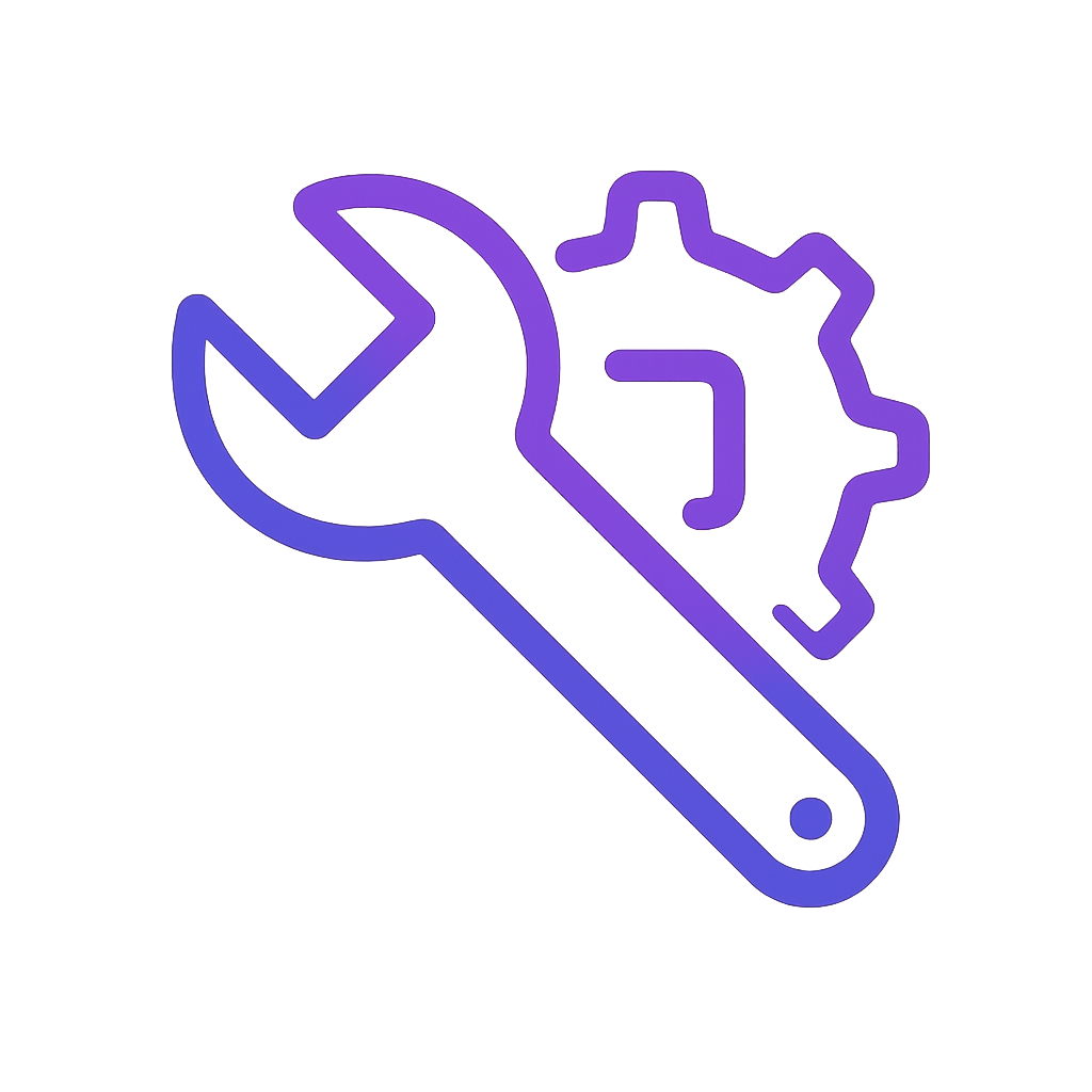 A glowing neon blue wrench crossed over a gear symbol on a dark, gradient background, representing tools or settings.