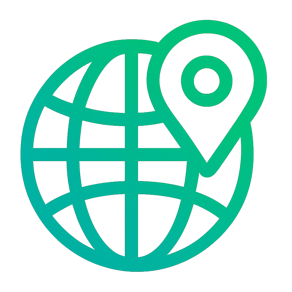 A glowing green icon of a globe with latitude and longitude lines, overlaid by a map pin symbol, set against a dark background.
