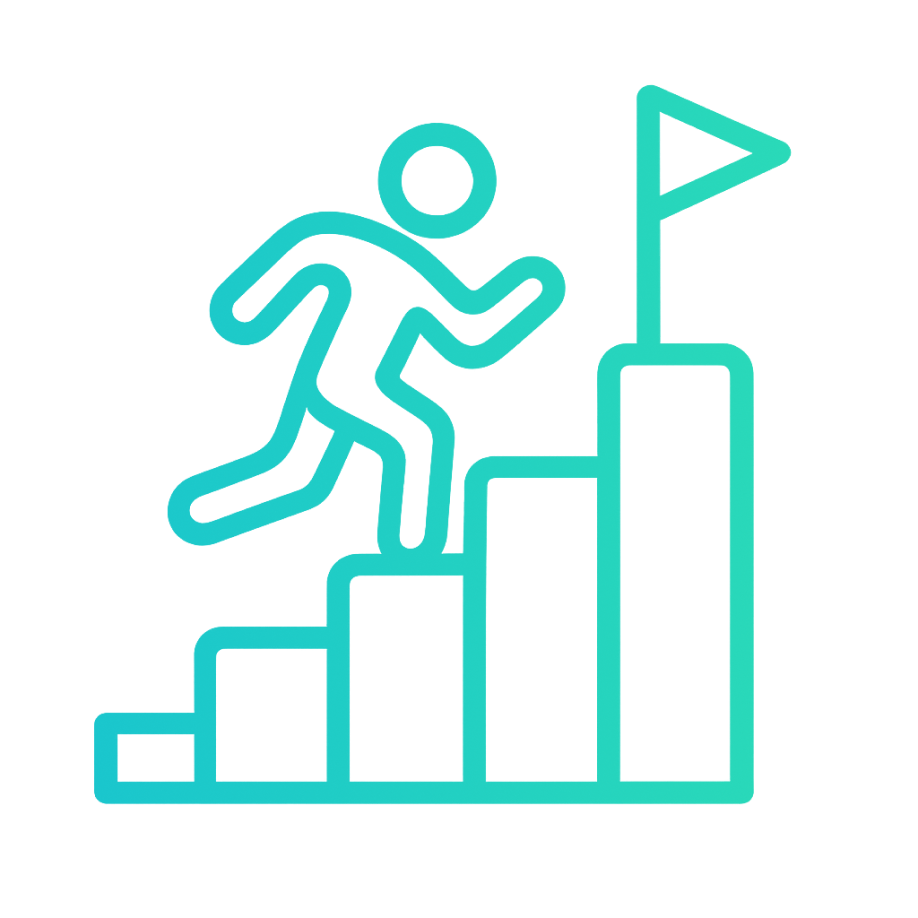 A stick figure is running up ascending steps toward a flag on the top platform, symbolizing progress and achievement of a goal.
