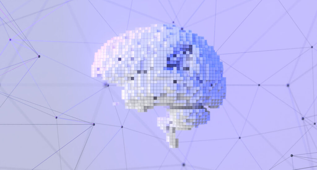 A 3D digital rendering of a human brain made of white cubes, floating against a light purple background with a network of connected lines and dots, symbolizing connectivity and technology.